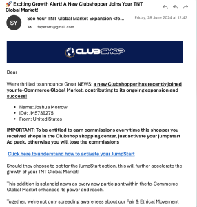 🚀 Exciting Growth Alert! email subject: A New Clubshopper Joins Your TNT Global Market!